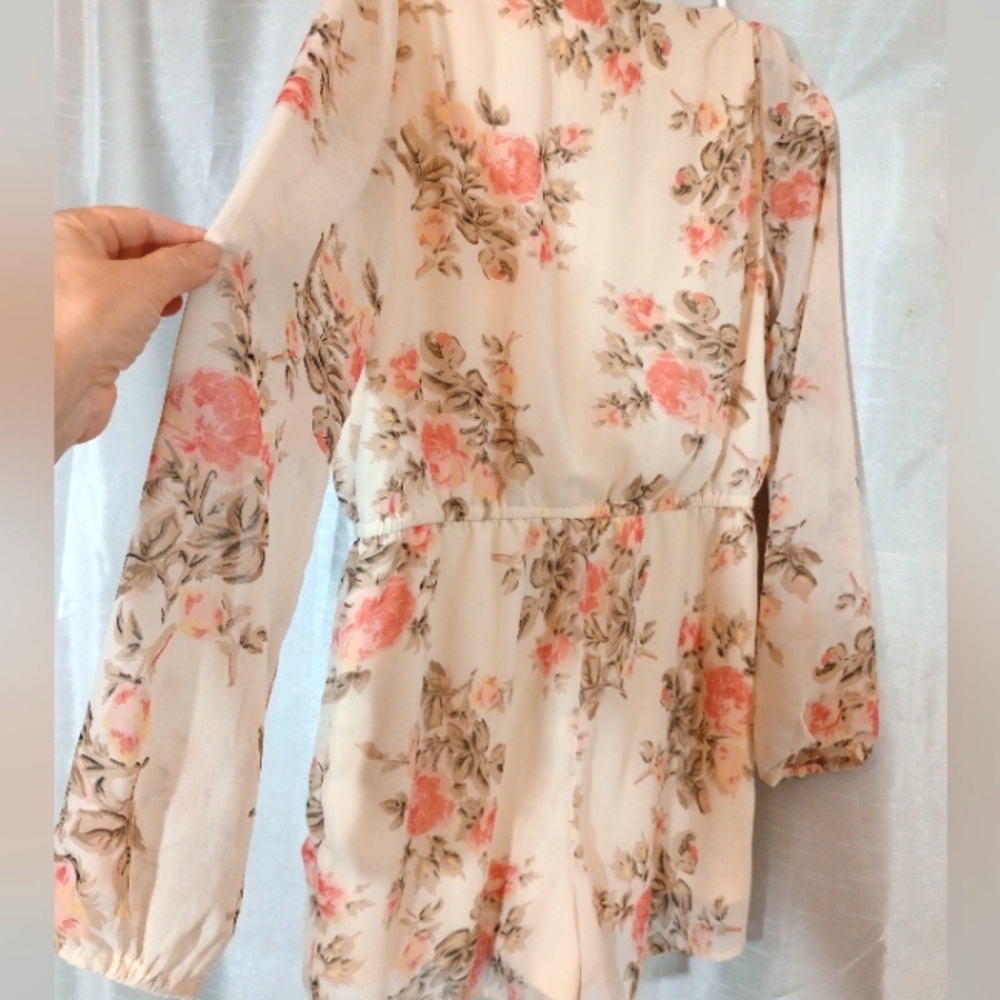 Wet Seal Vintage Romper, Long Sleeve Orange/Ivory/Green See thru Floral, L - Picture 9 of 13